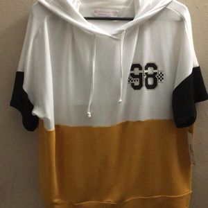 gold,white and black, short sleeve hoodie.